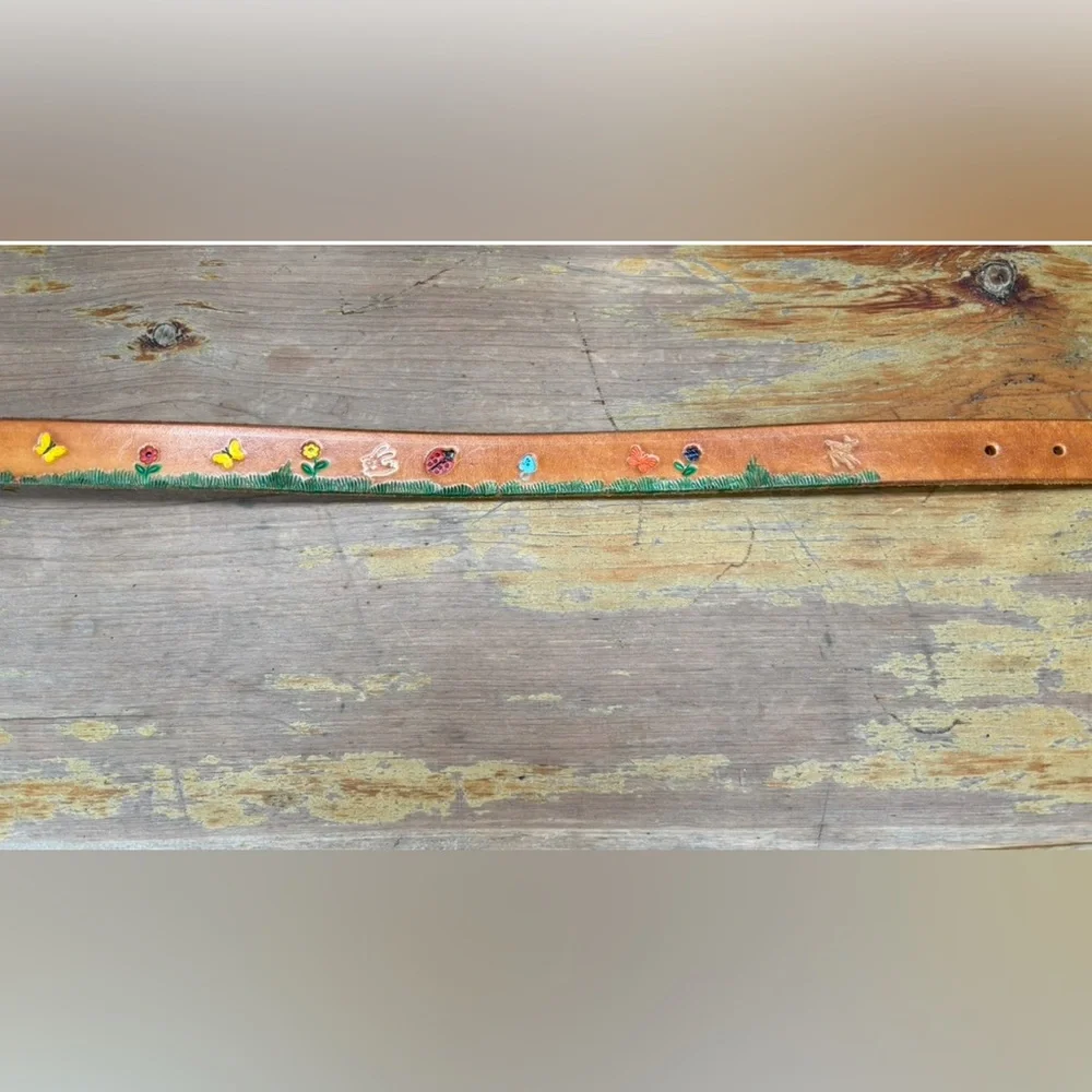 Hand Tooled & Painted Leather Belt Flower Bunny Deer Butterfly Ladybug Mushroom